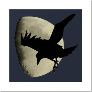 Half Moon With Flying Raven Crow Silhouette Posters and Art